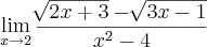 \lim_{x\rightarrow2}\frac{\sqrt[]{2x+3}-\sqrt[]{3x-1}}{{x}^{2}-4}