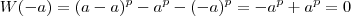 W(-a) = (a-a)^p -a^p - (-a)^p = -a^p+a^p=0 W(-a) = (a-a)^p -a^p - (-a)^p = -a^p+a^p=0