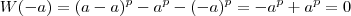 W(-a) = (a-a)^p -a^p - (-a)^p = -a^p+a^p=0