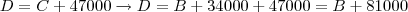 D=C+47000\rightarrow D=B+34000+47000=B+81000
