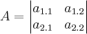 A = \begin{vmatrix}
   a_{1.1} & a_{1.2}  \\ 
   a_{2.1} & a_{2.2}
  
\end{vmatrix}

