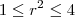 1 \leq r^2 \leq 4 1 \leq r^2 \leq 4