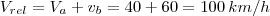 V_{rel}=V_a+v_b=40+60=100\,km/h V_{rel}=V_a+v_b=40+60=100\,km/h