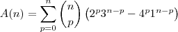 A(n) = \sum_{p=0}^n {n \choose p}\left(2^p 3^{n-p} - 4^p 1^{n - p}\right)