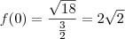 f(0) = \frac{\sqrt{18}}{\frac{3}{2}} = 2 \sqrt{2} f(0) = \frac{\sqrt{18}}{\frac{3}{2}} = 2 \sqrt{2}