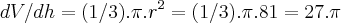 dV/dh=(1/3).\pi.{r}^{2}=(1/3).\pi.81=27.\pi dV/dh=(1/3).\pi.{r}^{2}=(1/3).\pi.81=27.\pi