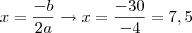 x=\frac{-b}{2a}\rightarrow x=\frac{-30}{-4}=7,5 x=\frac{-b}{2a}\rightarrow x=\frac{-30}{-4}=7,5