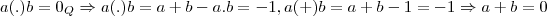 a(.)b={0}_{Q}\Rightarrow a(.)b=a+b-a.b=-1,a(+)b=a+b-1=-1 \Rightarrow a+b=0