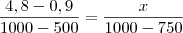 \frac{4,8-0,9}{1000-500}=\frac{x}{1000-750}