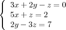 \left\{
\begin{array}{lll}
\displaystyle 3x+2y-z=0 \\
\displaystyle 5x+z=2 \\
\displaystyle 2y-3z=7
\end{array}
\right