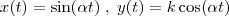 x(t) = \sin(\alpha t) \; , \; y(t) = k \cos(\alpha t) x(t) = \sin(\alpha t) \; , \; y(t) = k \cos(\alpha t)