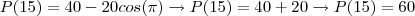 P(15)=40-20cos(\pi)\rightarrow P(15)=40+20\rightarrow P(15)=60