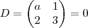 D=
\begin{pmatrix}
a & 1 \\
2 & 3
\end{pmatrix}=0 D=
\begin{pmatrix}
a & 1 \\
2 & 3
\end{pmatrix}=0