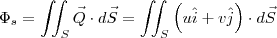 \Phi_s = \iint_{S} \vec{Q} \cdot d\vec{S} = \iint_{S} \left( u\hat{i} + v\hat{j} \right ) \cdot d\vec{S}