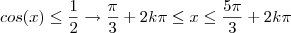 cos(x)\leq\frac{1}{2}\rightarrow \frac{\pi}{3}+2k\pi\leq x\leq\frac{5\pi}{3}+2k\pi