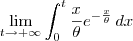 \lim_{t\to +\infty} \int_0^{t} \frac{x}{\theta} e^{-\frac{x}{\theta}}\,dx \lim_{t\to +\infty} \int_0^{t} \frac{x}{\theta} e^{-\frac{x}{\theta}}\,dx