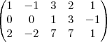 \begin{pmatrix}
1 & -1 & 3 & 2 & 1 \\
0 & 0 & 1 & 3 & -1 \\
2 & -2 & 7 & 7 & 1 \\
\end{pmatrix} \begin{pmatrix}
1 & -1 & 3 & 2 & 1 \\
0 & 0 & 1 & 3 & -1 \\
2 & -2 & 7 & 7 & 1 \\
\end{pmatrix}