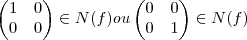 \begin{pmatrix}
   1 & 0  \\ 
   0 & 0 
\end{pmatrix} \in N (f) ou  
\begin{pmatrix}
   0 & 0  \\ 
   0 & 1 
\end{pmatrix} \in N (f)