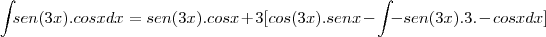 \int_{}sen (3x) . cos x dx{} = sen (3x) . cos x + 3[cos (3x) . sen x - \int_{}- sen (3x) . 3 . - cos x dx{}]