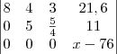 \begin{vmatrix}
   8 & 4 & 3 & 21,6  \\ 
   0 & 5 & \frac{5}{4} & 11  \\
   0 & 0 &  0 & x - 76 
\end{vmatrix}