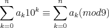 \sum_{k=0}^{n}{a}_{k}{10}^{k}\equiv \sum_{k=0}^{n}{a}_{k} (mod9) \sum_{k=0}^{n}{a}_{k}{10}^{k}\equiv \sum_{k=0}^{n}{a}_{k} (mod9)