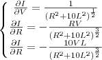 \left\{\begin{matrix}
\frac{\partial I}{\partial V} = \frac{1}{\left ( R^{2} + 10L^{2}\right )^{\frac{1}{2}}}\\ 
\frac{\partial I}{\partial R} = -\frac{RV}{\left ( R^{2} + 10L^{2}\right )^{\frac{3}{2}}}
\\ 
\frac{\partial I}{\partial R} = -\frac{10VL}{\left ( R^{2} + 10L^{2}\right )^{\frac{3}{2}}}
\end{matrix}\right.