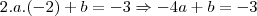 2.a.(-2) + b = -3 \Rightarrow -4a + b = -3