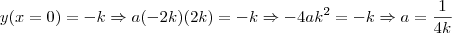 y(x=0)=-k\Rightarrow a(-2k)(2k)=-k\Rightarrow -4ak^2=-k\Rightarrow a=\frac{1}{4k}