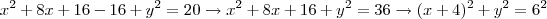 x^2+8x+16-16+y^2=20\rightarrow x^2+8x+16+y^2=36\rightarrow (x+4)^2+y^2=6^2