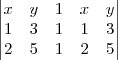 \begin{vmatrix}
x & y & 1 & x & y \\
1 & 3 & 1 & 1 & 3\\
2 & 5 & 1 & 2 & 5
\end{vmatrix} \begin{vmatrix}
x & y & 1 & x & y \\
1 & 3 & 1 & 1 & 3\\
2 & 5 & 1 & 2 & 5
\end{vmatrix}