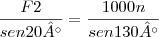 \frac{F2}{sen20°}=\frac{1000n}{sen130°}