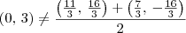 (0,\,3) \neq \frac{\left(\frac{11}{3},\,\frac{16}{3}\right) + \left(\frac{7}{3},\,-\frac{16}{3}\right)}{2}