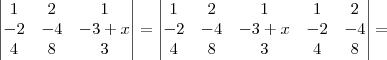 \begin{vmatrix}
1 & 2 & 1 \\
-2 & -4 & -3 + x \\
4 & 8 & 3
\end{vmatrix}=
\begin{vmatrix}
1 & 2 & 1 & 1 & 2 \\
-2 & -4 & -3+x & -2 & -4 \\
4 & 8 & 3 & 4 & 8
\end{vmatrix} = \begin{vmatrix}
1 & 2 & 1 \\
-2 & -4 & -3 + x \\
4 & 8 & 3
\end{vmatrix}=
\begin{vmatrix}
1 & 2 & 1 & 1 & 2 \\
-2 & -4 & -3+x & -2 & -4 \\
4 & 8 & 3 & 4 & 8
\end{vmatrix} =