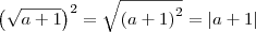 {\left(\sqrt{a+1} \right)}^{2} = \sqrt{\left(a+1\right)^{2}}= |a+1| {\left(\sqrt{a+1} \right)}^{2} = \sqrt{\left(a+1\right)^{2}}= |a+1|