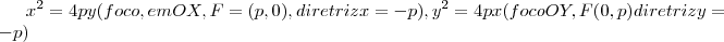 {x}^{2}=4py(foco,em OX,F=(p,0),diretriz x=-p),{y}^{2}=4px(foco OY,F(0,p)diretriz y=-p) {x}^{2}=4py(foco,em OX,F=(p,0),diretriz x=-p),{y}^{2}=4px(foco OY,F(0,p)diretriz y=-p)