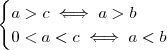 \begin{cases} a > c \iff a> b \\0<a< c \iff a < b \end{cases} \begin{cases} a > c \iff a> b \\0<a< c \iff a < b \end{cases}