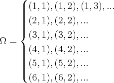 \Omega = \begin{cases} (1, 1), (1,2), (1, 3),...\\ (2, 1), (2, 2),...\\ (3, 1), (3, 2),... \\  (4, 1), (4, 2),... \\ (5, 1), (5, 2),... \\ (6, 1), (6, 2),... \end{cases}