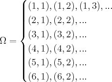 \Omega = \begin{cases} (1, 1), (1,2), (1, 3),...\\ (2, 1), (2, 2),...\\ (3, 1), (3, 2),... \\ (4, 1), (4, 2),... \\ (5, 1), (5, 2),... \\ (6, 1), (6, 2),... \end{cases} \Omega = \begin{cases} (1, 1), (1,2), (1, 3),...\\ (2, 1), (2, 2),...\\ (3, 1), (3, 2),... \\ (4, 1), (4, 2),... \\ (5, 1), (5, 2),... \\ (6, 1), (6, 2),... \end{cases}