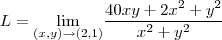 L = \underset{(x,y)\rightarrow (2,1)}{\lim} \frac{40xy+2x^2+y^2}{x^2+y^2} L = \underset{(x,y)\rightarrow (2,1)}{\lim} \frac{40xy+2x^2+y^2}{x^2+y^2}