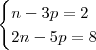 \begin{cases}n-3p=2\\ 2n-5p=8\end{cases}