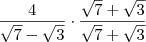 \frac{4}{\sqrt{7}-\sqrt{3}}\cdot \frac{\sqrt{7}+\sqrt{3}}{\sqrt{7}+\sqrt{3}} \frac{4}{\sqrt{7}-\sqrt{3}}\cdot \frac{\sqrt{7}+\sqrt{3}}{\sqrt{7}+\sqrt{3}}
