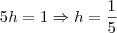 5h=1\Rightarrow h=\frac{1}{5} 5h=1\Rightarrow h=\frac{1}{5}