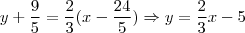 y + \frac{9}{5} = \frac{2}{3}(x - \frac{24}{5}) \Rightarrow y = \frac{2}{3}x -5 y + \frac{9}{5} = \frac{2}{3}(x - \frac{24}{5}) \Rightarrow y = \frac{2}{3}x -5