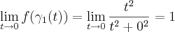 \lim_{t\rightarrow 0}f(\gamma_1(t))=\lim_{t\rightarrow 0}\frac{t^2}{t^2+0^2}=1