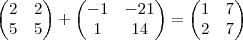 \begin{pmatrix}
2 & 2 \\
5 & 5
\end{pmatrix}+ \begin{pmatrix}
-1 & -21 \\
1 & 14
\end{pmatrix} =
\begin{pmatrix}
1 & 7 \\
2 & 7
\end{pmatrix} \begin{pmatrix}
2 & 2 \\
5 & 5
\end{pmatrix}+ \begin{pmatrix}
-1 & -21 \\
1 & 14
\end{pmatrix} =
\begin{pmatrix}
1 & 7 \\
2 & 7
\end{pmatrix}