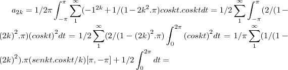 {a}_{2k}=1/2\pi\int_{-\pi}^{\pi}\sum_{1}^{\infty}({-1}^{2k}+1/(1-{2k}^{2}.\pi)coskt.coskt dt=1/2\sum_{1}^{\infty}\int_{-\pi}^{\pi}(2/(1-{(2k)}^{2}.\pi){(coskt)}^{2}dt=1/2\sum_{1}^{\infty}(2/(1-{(2k)}^{2}.\pi)\int_{0}^{2 \pi}{(coskt)}^{2}dt=1/\pi\sum_{1}^{\infty}(1/(1-{(2k)}^{2}).\pi(senkt.coskt/k)[\pi,-\pi]+1/2\int_{0}^{2\pi}dt=