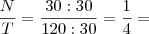 \dfrac N T = \dfrac{30:30}{120:30} = \dfrac{1}{4} = \dfrac N T = \dfrac{30:30}{120:30} = \dfrac{1}{4} =