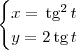 \begin{cases}x = \,\textrm{tg}^2\,t \\ y = 2\,\textrm{tg} \,t\end{cases}
