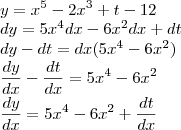 \\
y = x^5 -2x^3 +t - 12\\
dy = 5x^4 dx - 6x^2 dx + dt\\
dy - dt = dx(5x^4-6x^2)\\
\frac{dy}{dx}-\frac{dt}{dx} = 5x^4 - 6x^2\\
\frac{dy}{dx}=5x^4-6x^2+\frac{dt}{dx}