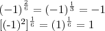 {(-1)}^{\frac{2}{6}}=(-1)^{\frac{1}{3}}=-1


[(-1)^{2}]^\frac{1}{6}=(1)^\frac{1}{6}=1